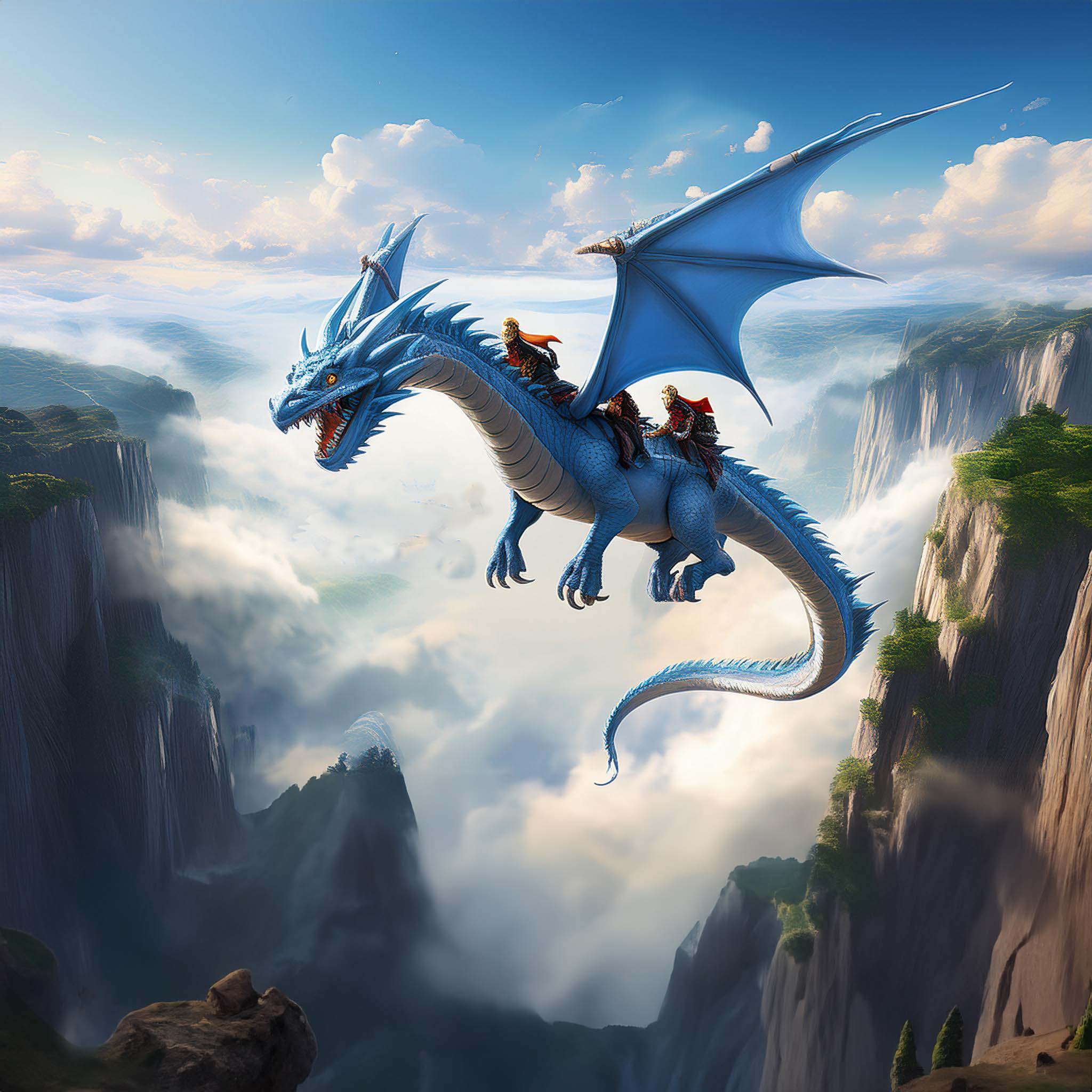 Adventurers riding the azure cloud dragon over the chasm.