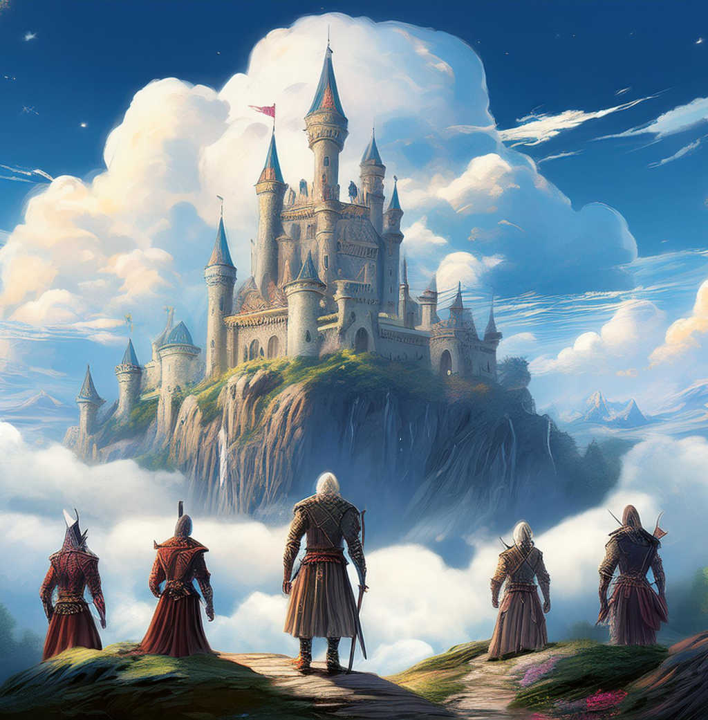 Adventurers standing in front of the Azure Cloud Castle.